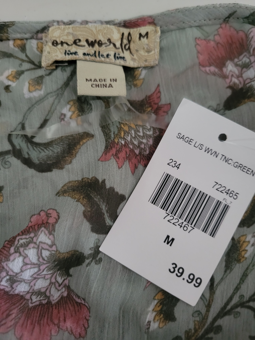 ONE WORLD Sage Green Floral Blouse with Pink Accents - Picture 4 of 4